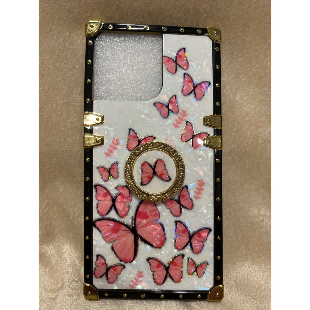 Pink Butterfly Bling Ring Stand Phone Case for iPhone 14 Pro Max
